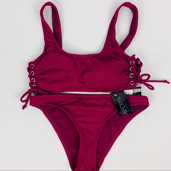 🔥CALIFORNIA WAVES🔥2-Piece Swimsuit Side Lace-Up Bikini Wine Small NWT - Picture 5 of 7